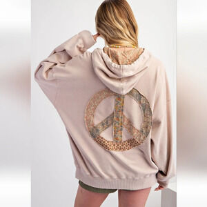 Easel Peace Symbol Patch Washed Terry Knit Hooded Pullover New
